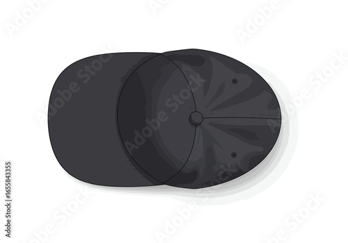 A topdown view of a black baseball cap with a rounded brim and a domeshaped crown