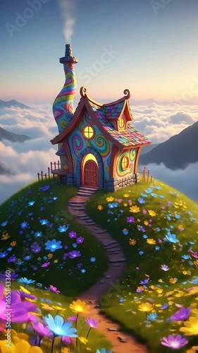 Whimsical House with Flowers and Clouds on Hilltop – Creative Fantasy Scene for Vertical Footage