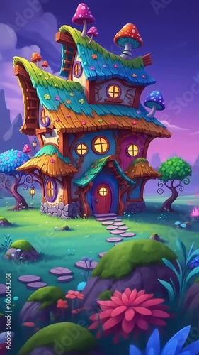 Colorful Fantasy House in Magical Meadow – Whimsical Stock Footage for Video Projects