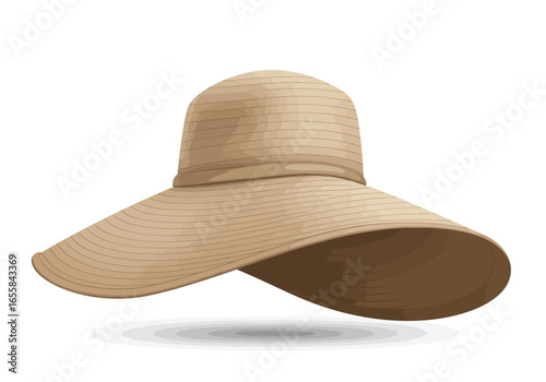 A tan straw sun hat with a wide brim casts a subtle shadow