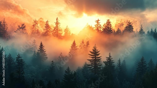 Majestic Forest at Dawn Misty Trees and Golden Light.