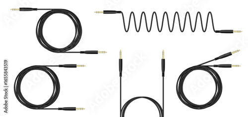 Set of looped and coiled music wires with plugs and shiny tips. Connector for connecting audio equipment. Realistic vector isolated on white background