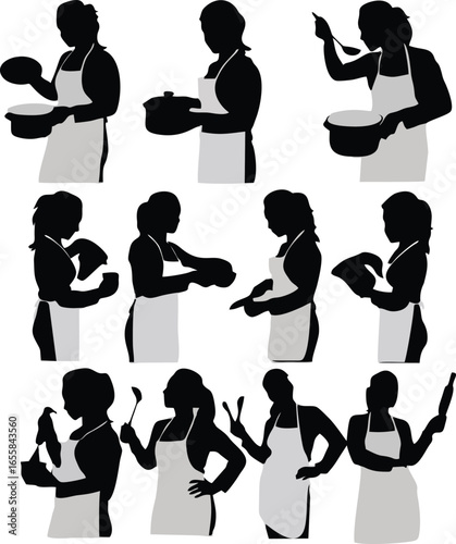 Collection of Woman in Apron Cooking Silhouettes
