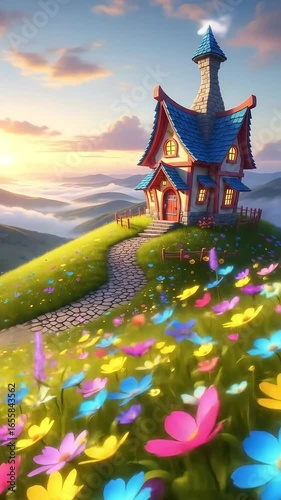 Fairytale House in Sunrise Flower Field with Misty Mountains – Enchanted Visual Scene
