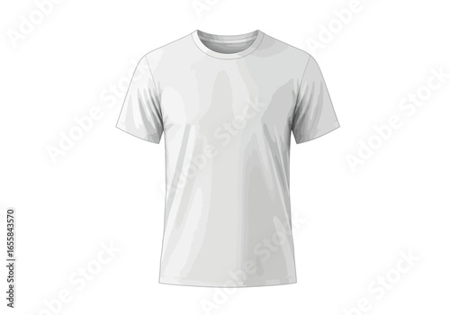 A white tshirt stands upright against a white backdrop displaying its short sleeves and round neck