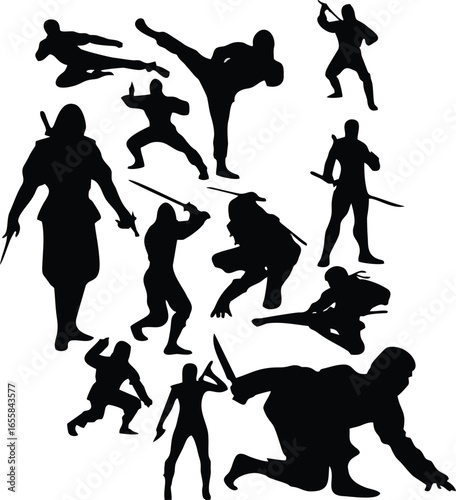 Ninja Action Poses: Fighter Silhouettes Vector Collection
