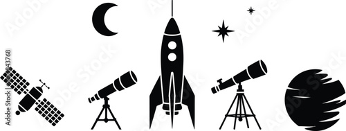 Collection of space exploration and astronomy icons featuring celestial bodies and rocketry silhouette