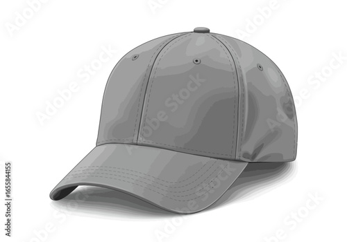 Gray baseball cap with stitched seams rounded brim and a top button casting a subtle shadow on a white surface