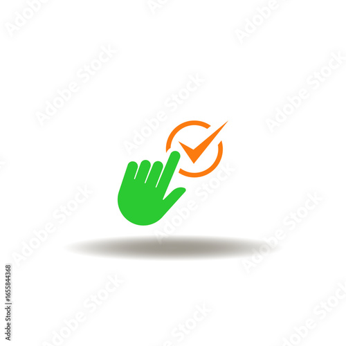 Vector illustration of hand click tick mark. Symbol of approval. Icon of certified quality. Sign of select checkbox.