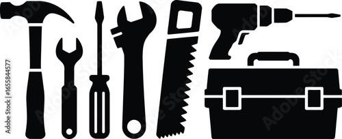 Collection of essential hand tools including hammer wrench and screwdriver silhouette