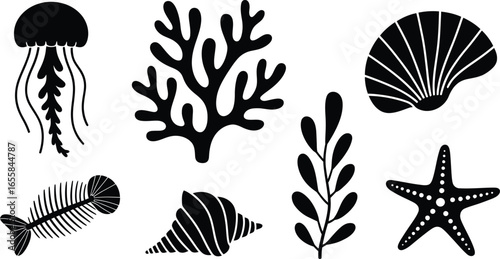 Collection of diverse underwater creatures and marine life depicted as a silhouette