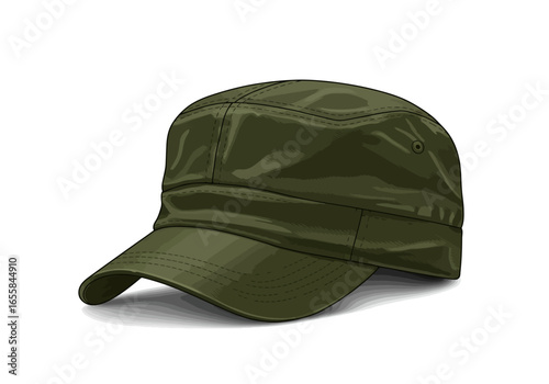 Olivegreen military cap with seams and a brim casting a shadow