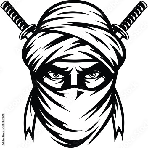 Masked ninja gazes intently with two katanas crossed behind his turbaned head