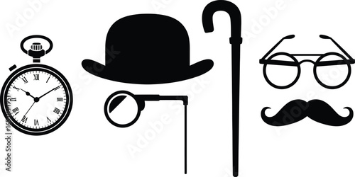 Vintage gentleman accessories featuring mustache hat and cane silhouette