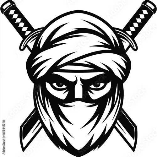 Isolated black ninja head shrouded in turban, with crossed swords exudes stark intensity