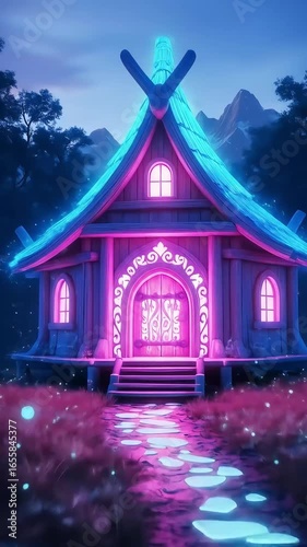 Neon Fairy House at Night with Mountain Background – Futuristic Fantasy Scene for Video Art