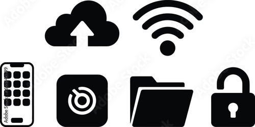 Collection of wireless network and data transfer icons in a clean silhouette style