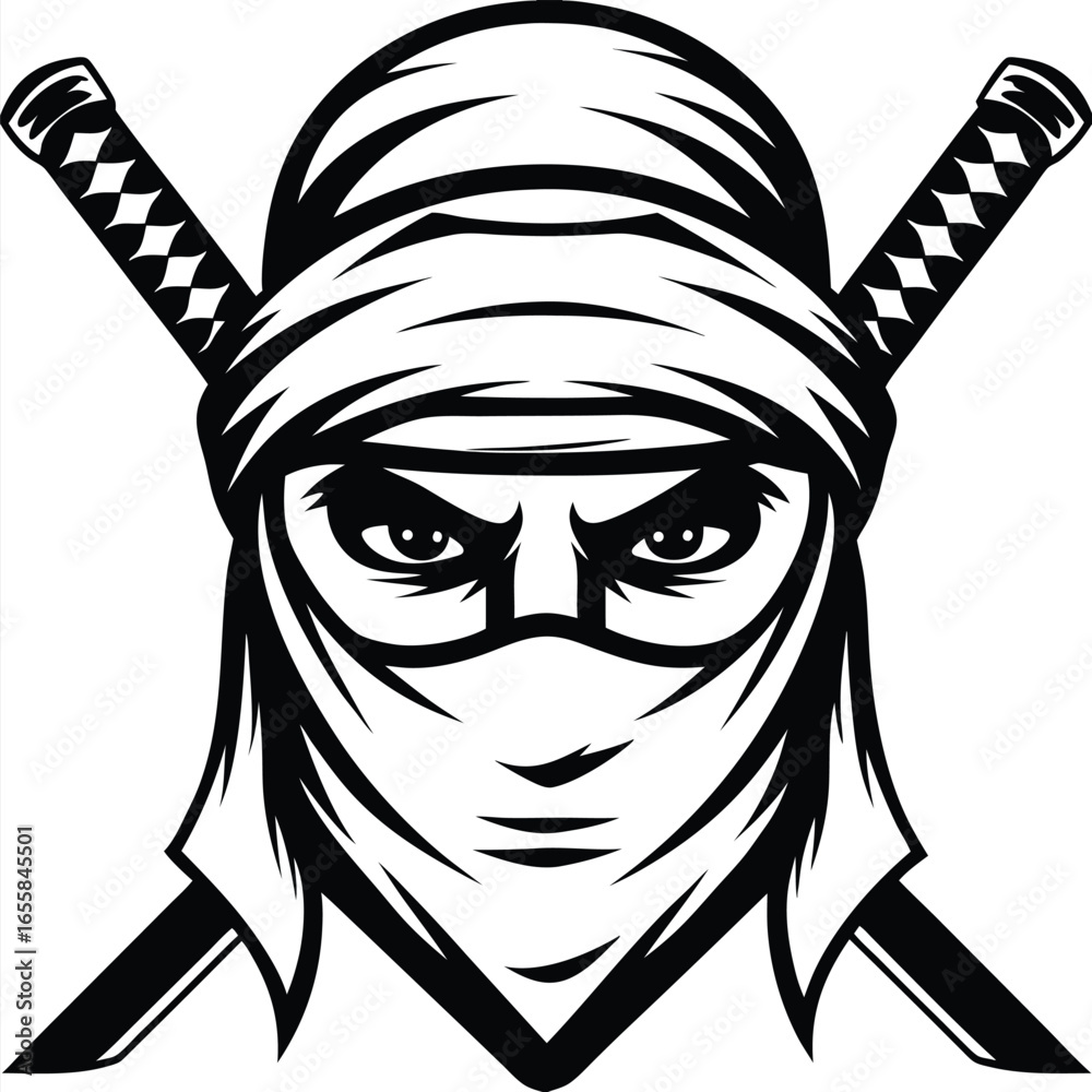 Fototapeta premium Masked ninja's intense stare is accentuated by crossed swords in a monochrome artwork
