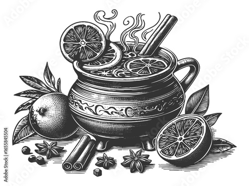 hot mulled wine in a cup with citrus slice, cinnamon sticks, and aromatic spices for winter warmth sketch engraving generative ai vector illustration. Scratch board imitation. Black and white image.