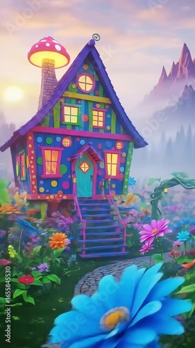 Whimsical House with Floral Path and Mountain Backdrop – Fantasy Art Video Asset