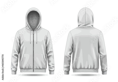 Two views of a white hoodie with a full front zipper and hood