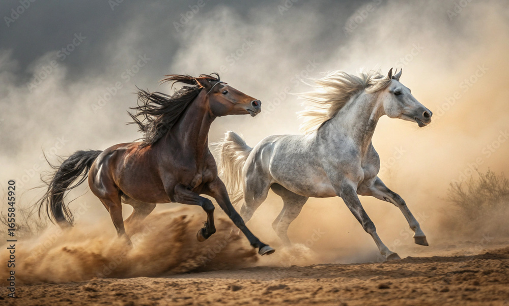 Obraz premium Two horses, a brown one and a gray one, gallop side by side across a dusty landscape. Their manes flow in the wind as they kick up clouds of dust behind them, creating a dynamic and lively scene. The 