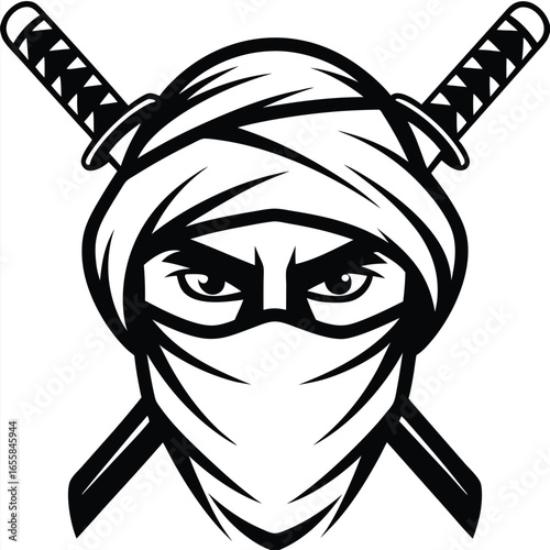 Shadowy ninja warrior peers with fierce eyes while sporting two swords across his masked head
