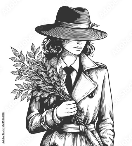 woman in a trench coat holding a bouquet of leafy branches, gazing thoughtfully to the side sketch engraving generative ai fictional character vector illustration. Scratch board. Black and white image