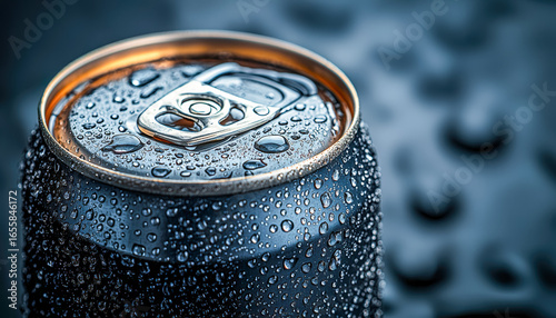 Close-up of a cold beverage can with condensation droplets