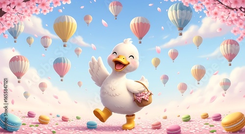 Dreamy springtime illustration with happy duck macarons hot air balloons and cherry blossoms
