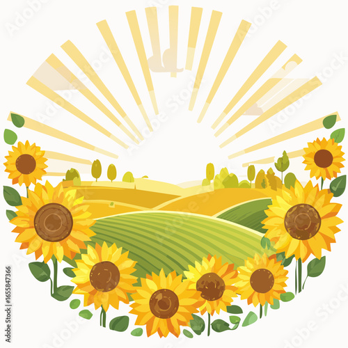 Late summer country landscape with sunflower meadow and sunbeam
