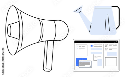 Megaphone for marketing dialogue, watering can for nurturing ideas, and webpage for digital innovation. Ideal for teamwork, communication, growth, online activity, marketing, strategy simple flat