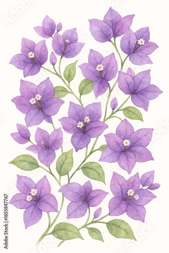 A delicate watercolor painting of blooming purple bougainvillea flowers with soft green leaves on white background. The composition is elegant and botanical, ideal for nature-themed designs,