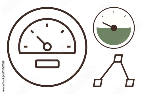 Circular analogue gauges indicating levels, a flowchart-style connection diagram, and simple design elements. Ideal for measurement, analysis, metrics, performance, progress, system workflow simple