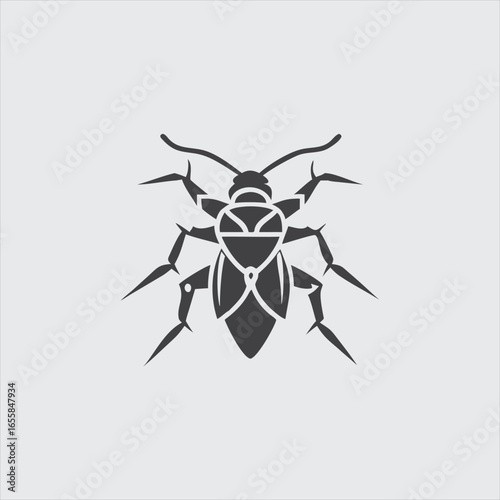 Stylized black insect with sharp legs and segmented body on a gray background