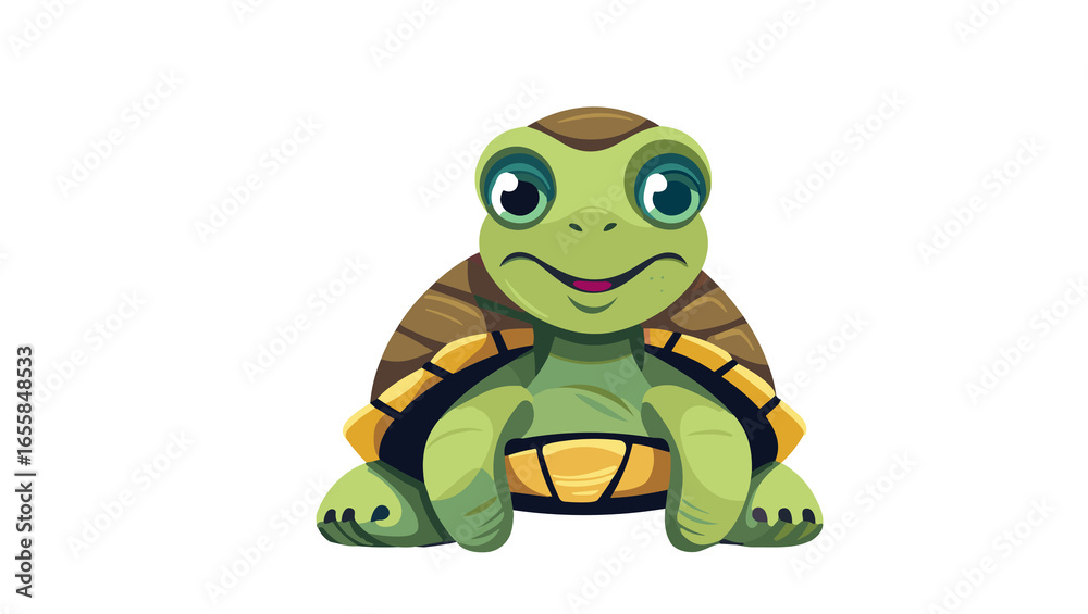 Fototapeta premium Cute green cartoon turtle character smiling happily. Adorable friendly reptile illustration isolated on a white background.