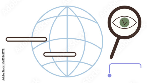 Globe with horizontal bars, magnifying glass with an eye, and a digital node connection. Ideal for internet, global search, data access, security, research communication and technology. Simple flat