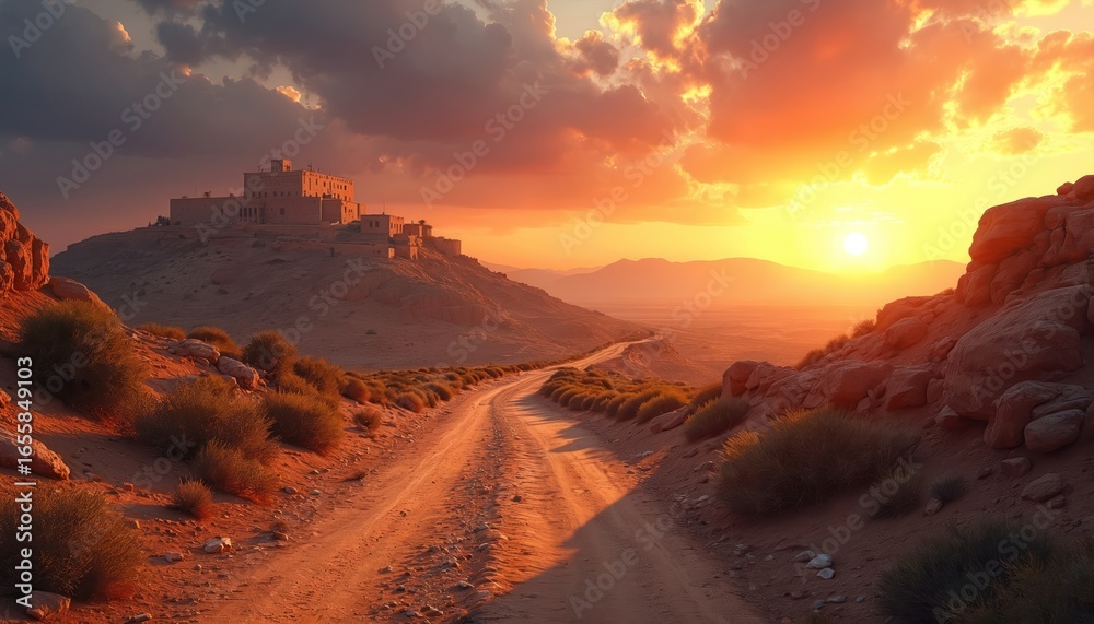 Fototapeta premium Dirt road leads to ancient city ruins on hill at sunset. Arid landscape with rocky formations, sparse vegetation under colorful sky. Biblical travel theme evoking history, civilization, adventure in