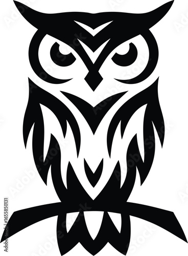 Tribal style owl silhouette sitting on a branch