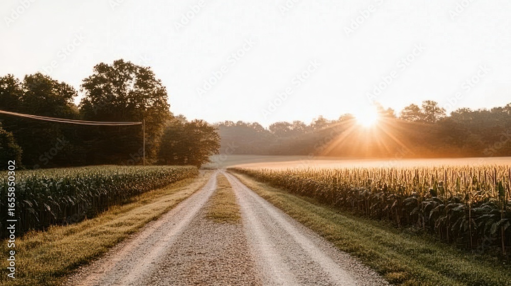 Naklejka premium Rural road at dawn, captivating sunrise illuminating a gravel path through cornfields and distant