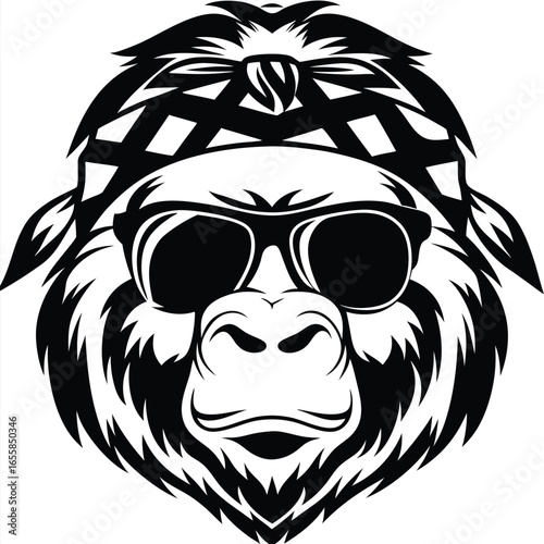 Monochrome Gorilla Wearing Sunglasses and a Bandana is Isolated on White Background