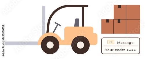 Forklift carrying boxes beside a delivery notification with access code. Ideal for logistics, transportation, warehouse management, shipping, email alerts, freight handling, simple flat metaphor