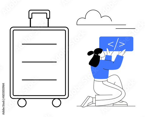 Developer kneeling with code snippet next to large suitcase and cloud. Ideal for remote work, travel, coding, freelancing, mobility, technology, education, simple landing page