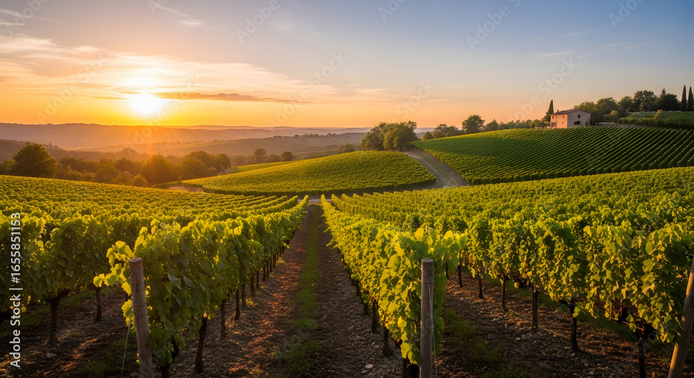 Naklejka premium Enchanting vineyard scene at sunset showcasing meticulously organized rows of grapevines, rolling hills, and a picturesque house in the distance bathed in golden light, evoking tranquility and rural