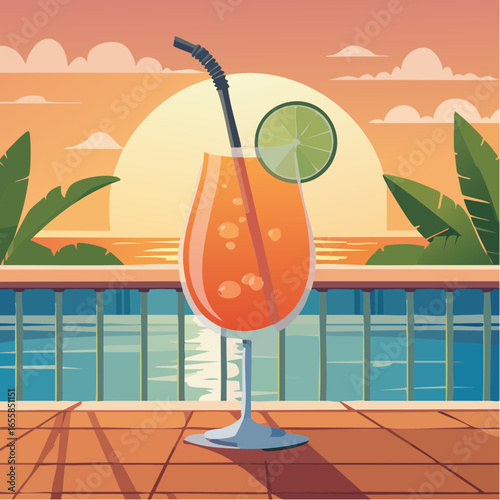 Hugo Spritz cocktail with mint and lime by the poolside at sunset (