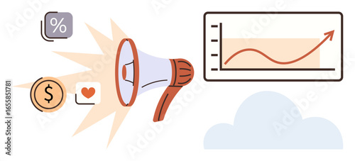 Megaphone spreading messages with dollar sign, heart, percentage icon, growth chart, and cloud. Ideal for online marketing, business growth, analytics, brand awareness engagement sales campaigns