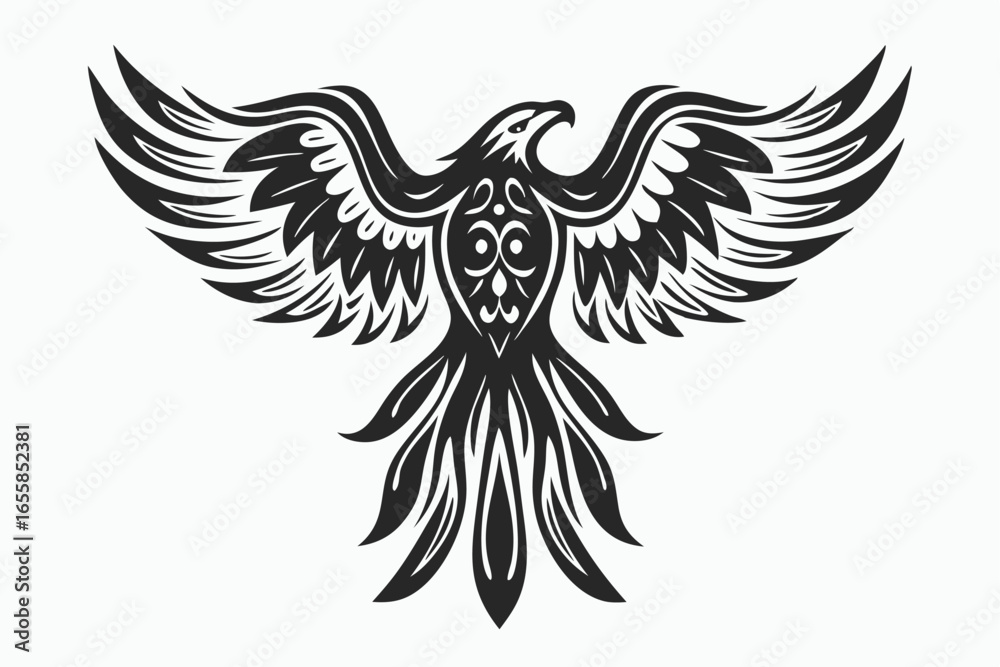Fototapeta premium Striking black eagle soars with outstretched wings, crafted in a bold tribal style