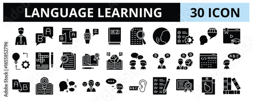30 Language Learning Glyph Icons Vector - Translator, Vocabulary, Practice, Language, Diction, Grammar