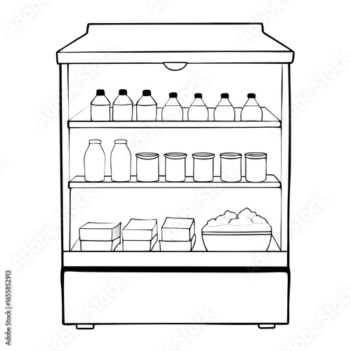 Dairy product showcase of the store with dairy products icon white background

