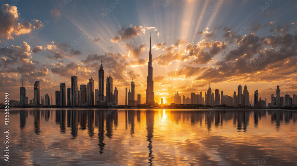 Naklejka premium Sunrise cityscape of Dubai skyline with reflections